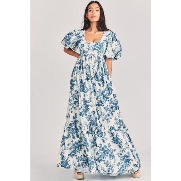 LoveShackFancy DANBURY Blue Floral Maxi Gown Dress Bridal Resort Vacation Sz 2 - Picture 10 of 16